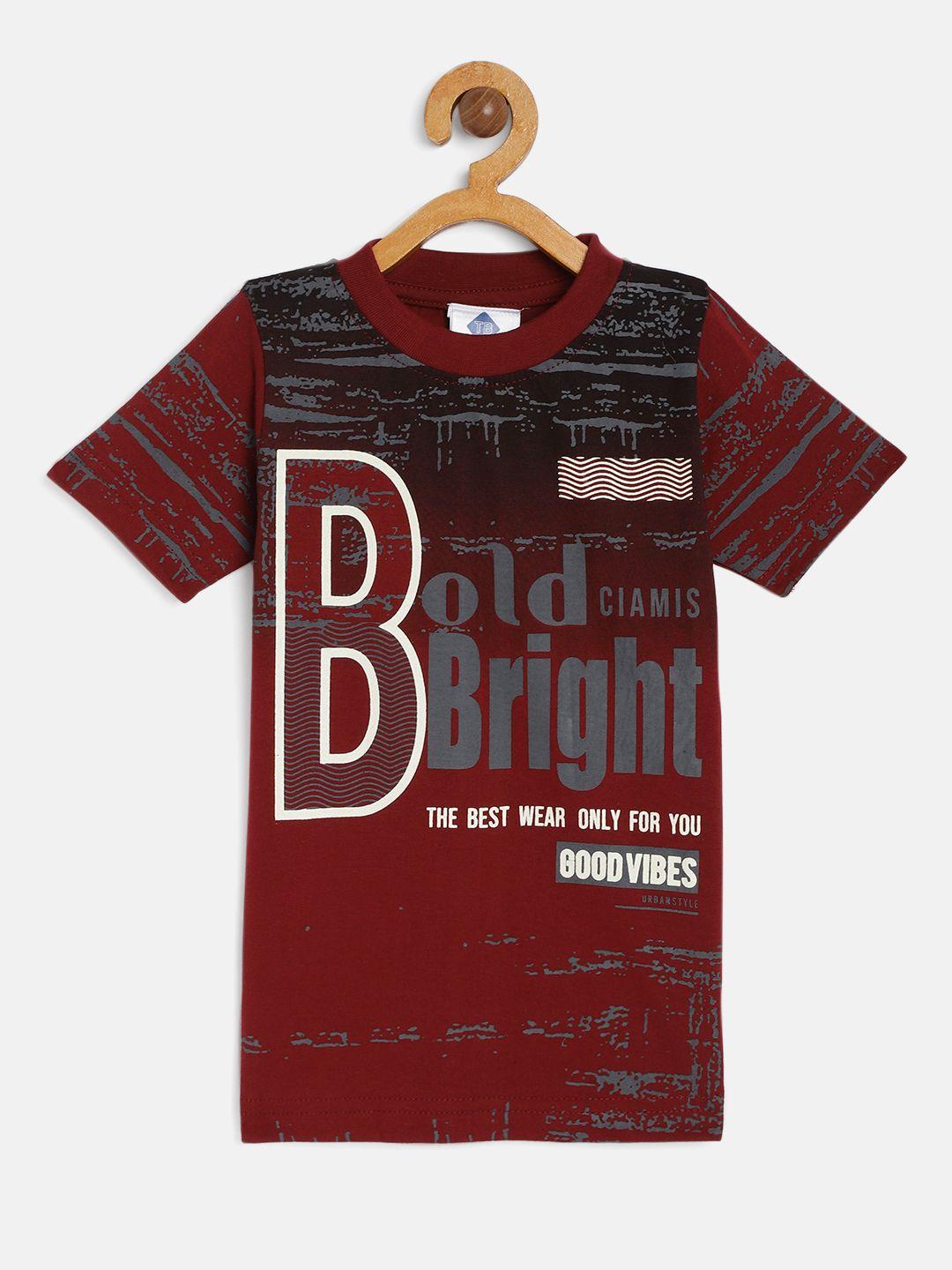 tonyboy boys maroon printed round neck cotton t-shirt