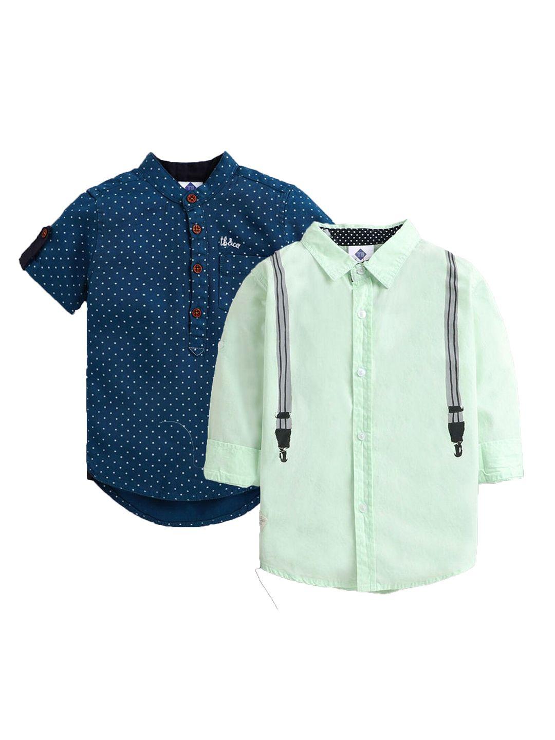 tonyboy boys pack of 2 sea green & navy blue premium printed cotton casual shirts