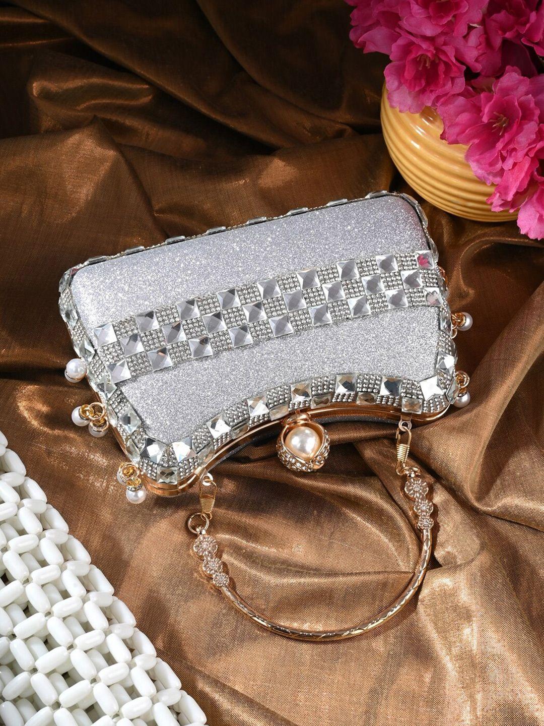 toobacraft silver-toned & white embellished box clutch