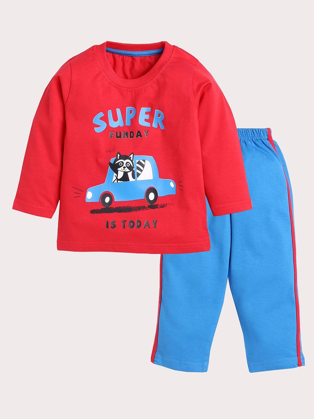 toonyport boys red & blue printed pure cotton t-shirt with trousers