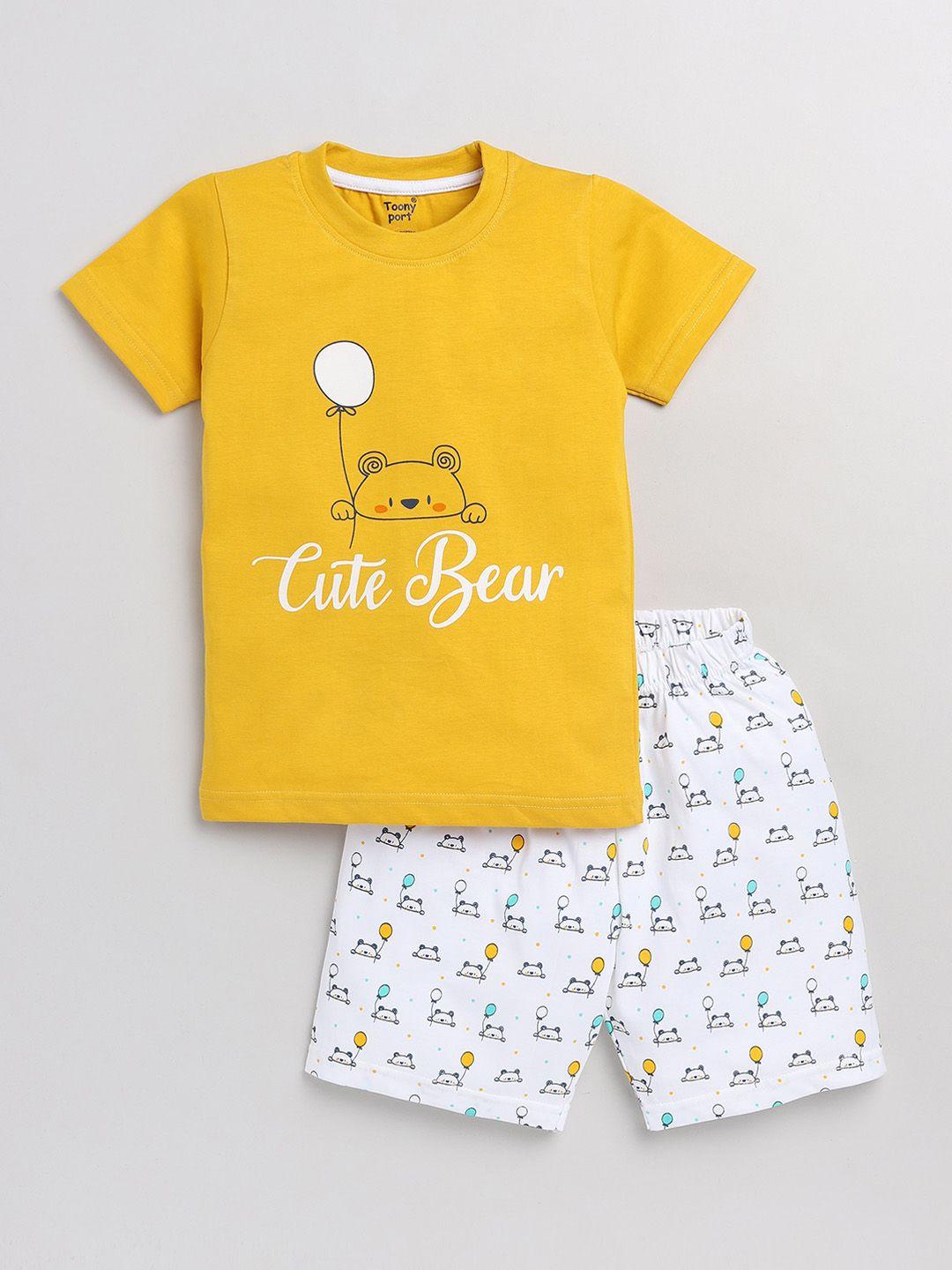 toonyport boys yellow & white pure cotton printed t-shirt with shorts