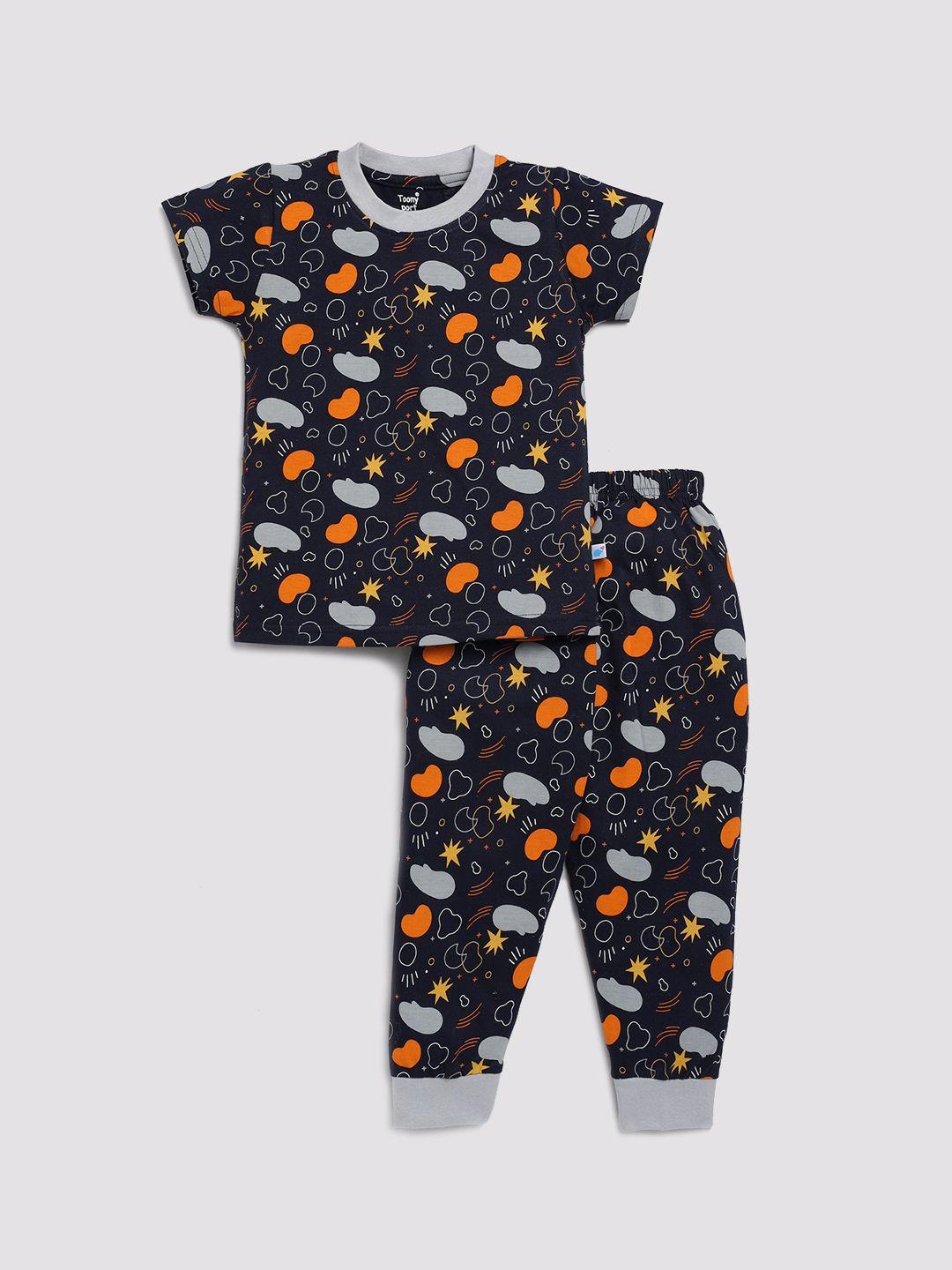 toonyport kids navy blue & orange conversational printed pure cotton night suit
