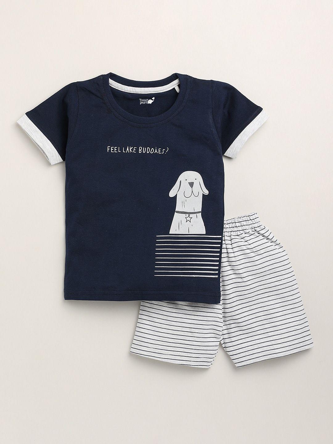 toonyport kids navy blue & white printed pure cotton t-shirt with shorts