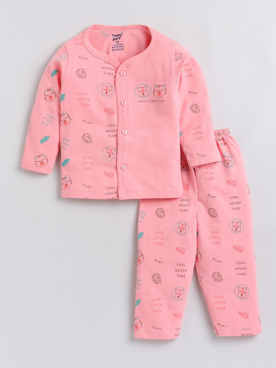toonyport kids pink & black printed pure cotton top with pyjamas