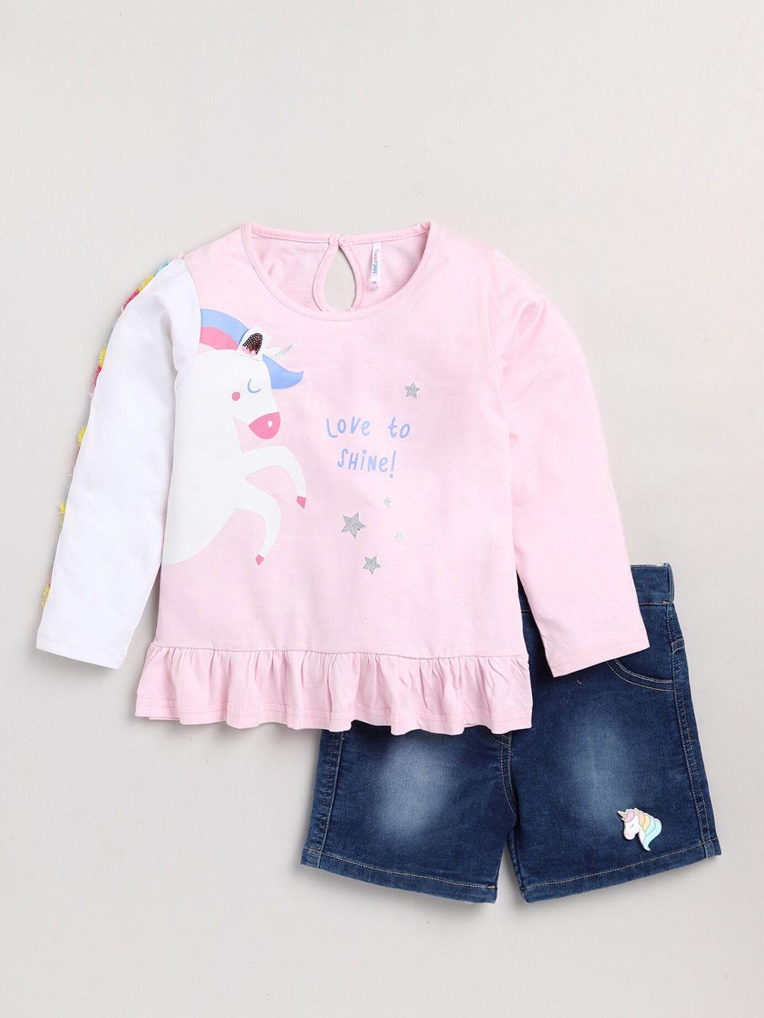 toonyport unisex kids pink & blue printed top with shorts