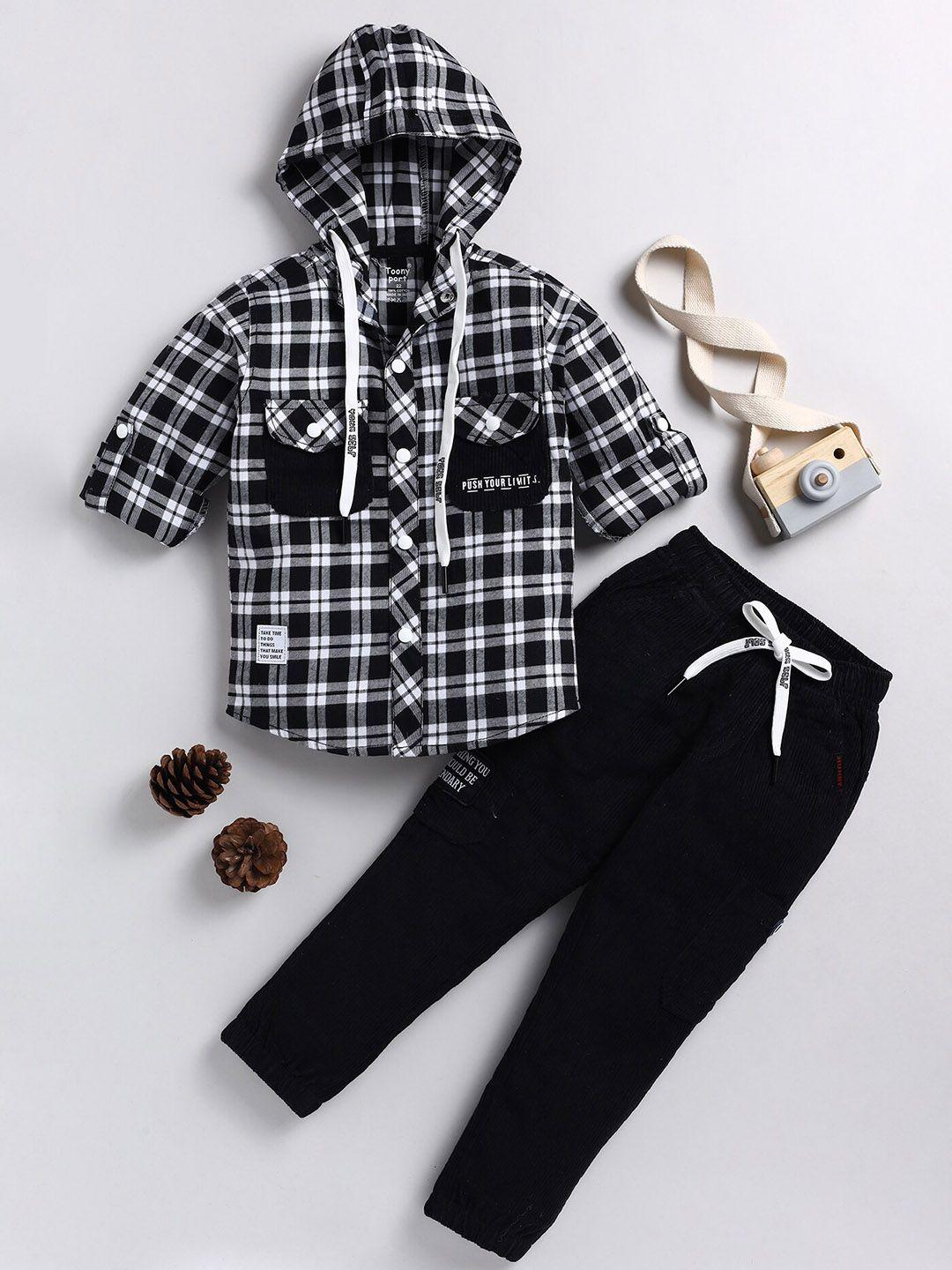 toonyport boys checked pure cotton hooded shirt with trousers