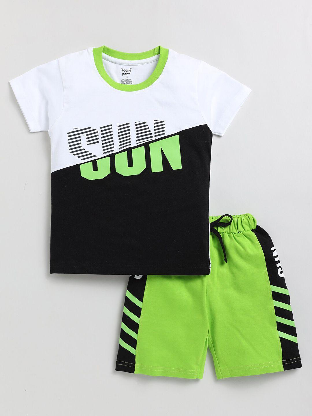 toonyport boys white & black printed t-shirt with shorts