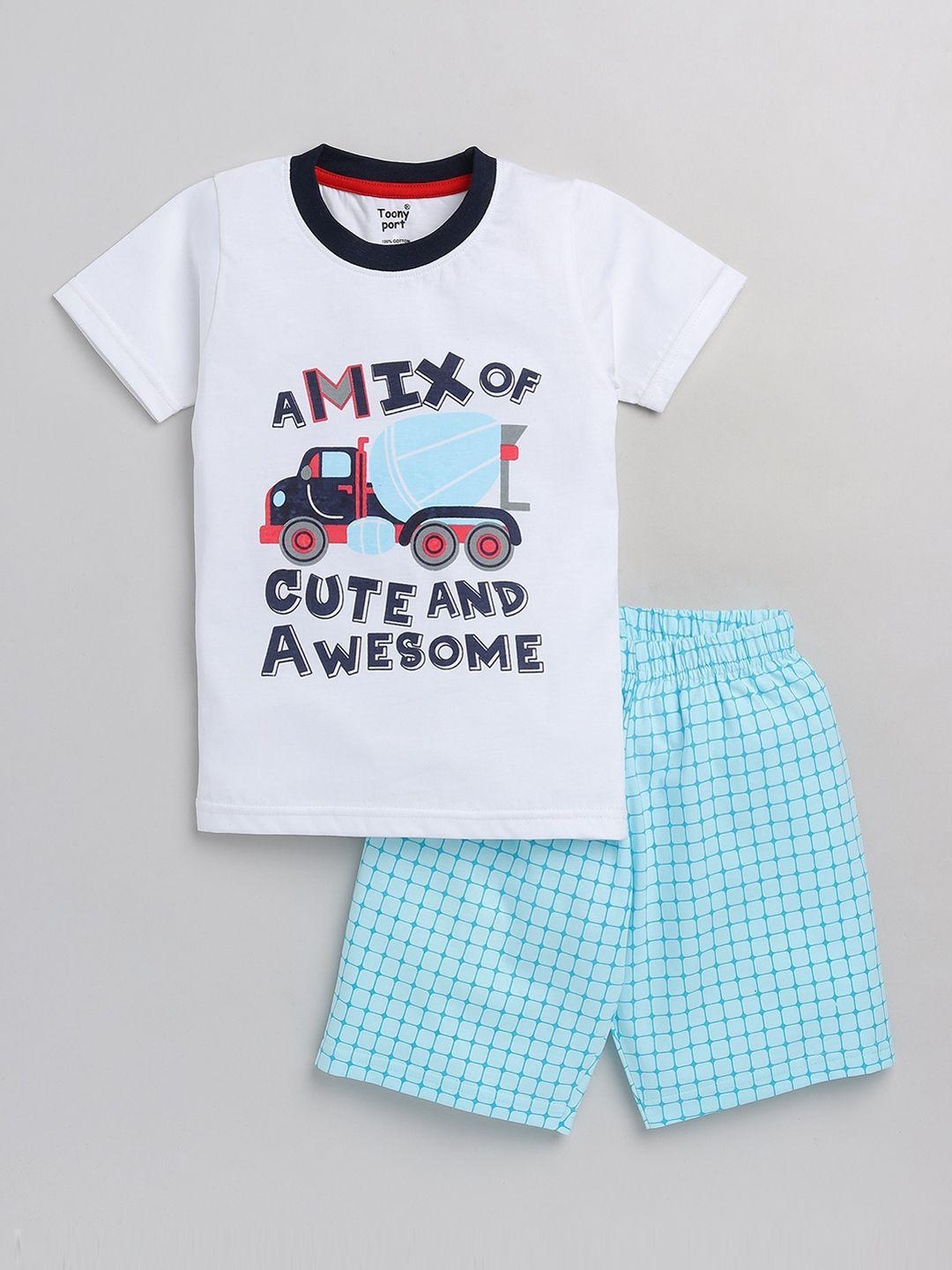 toonyport boys white & blue printed t-shirt with shorts