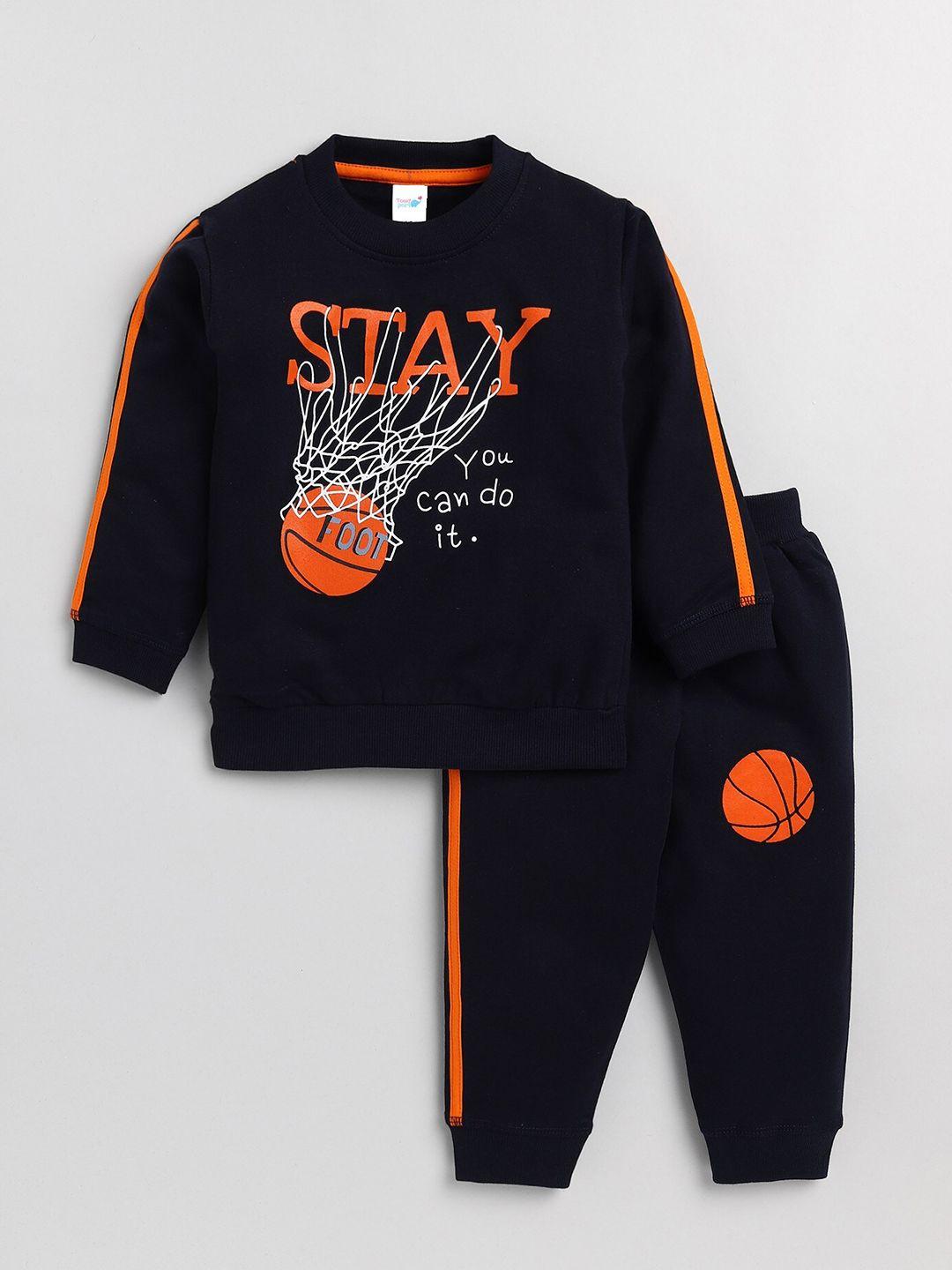 toonyport unisex kids navy blue & orange printed top with trousers