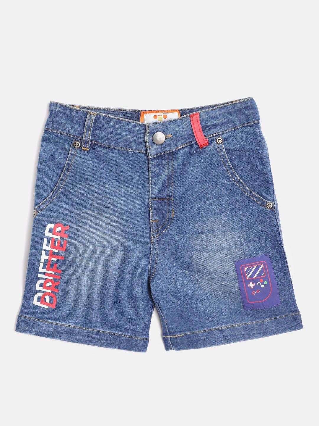 toothless boys blue washed regular fit denim shorts with printed detail