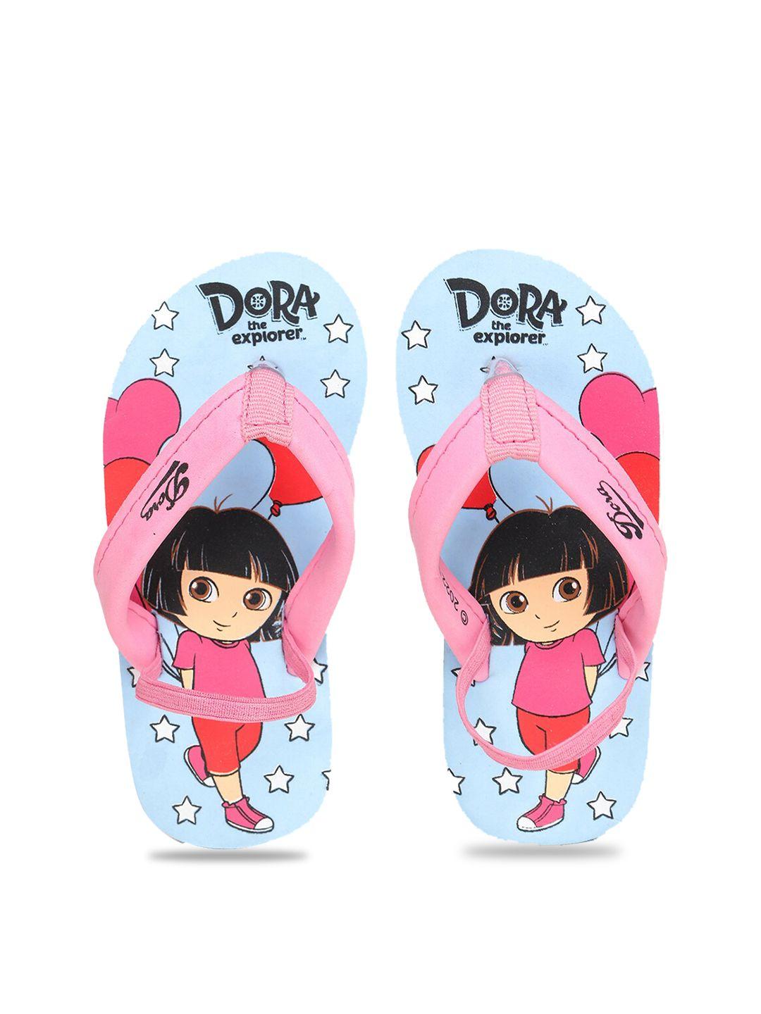 toothless girls blue & pink dora printed rubber thong flip-flops