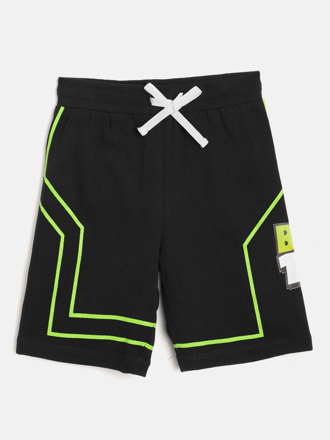 toothless boys black solid regular fit pure cotton shorts with ben 10 print detail