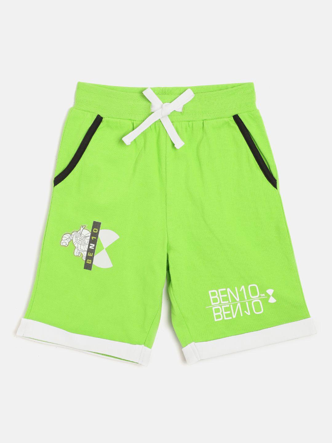 toothless boys green & white pure cotton ben 10 print detail regular fit shorts