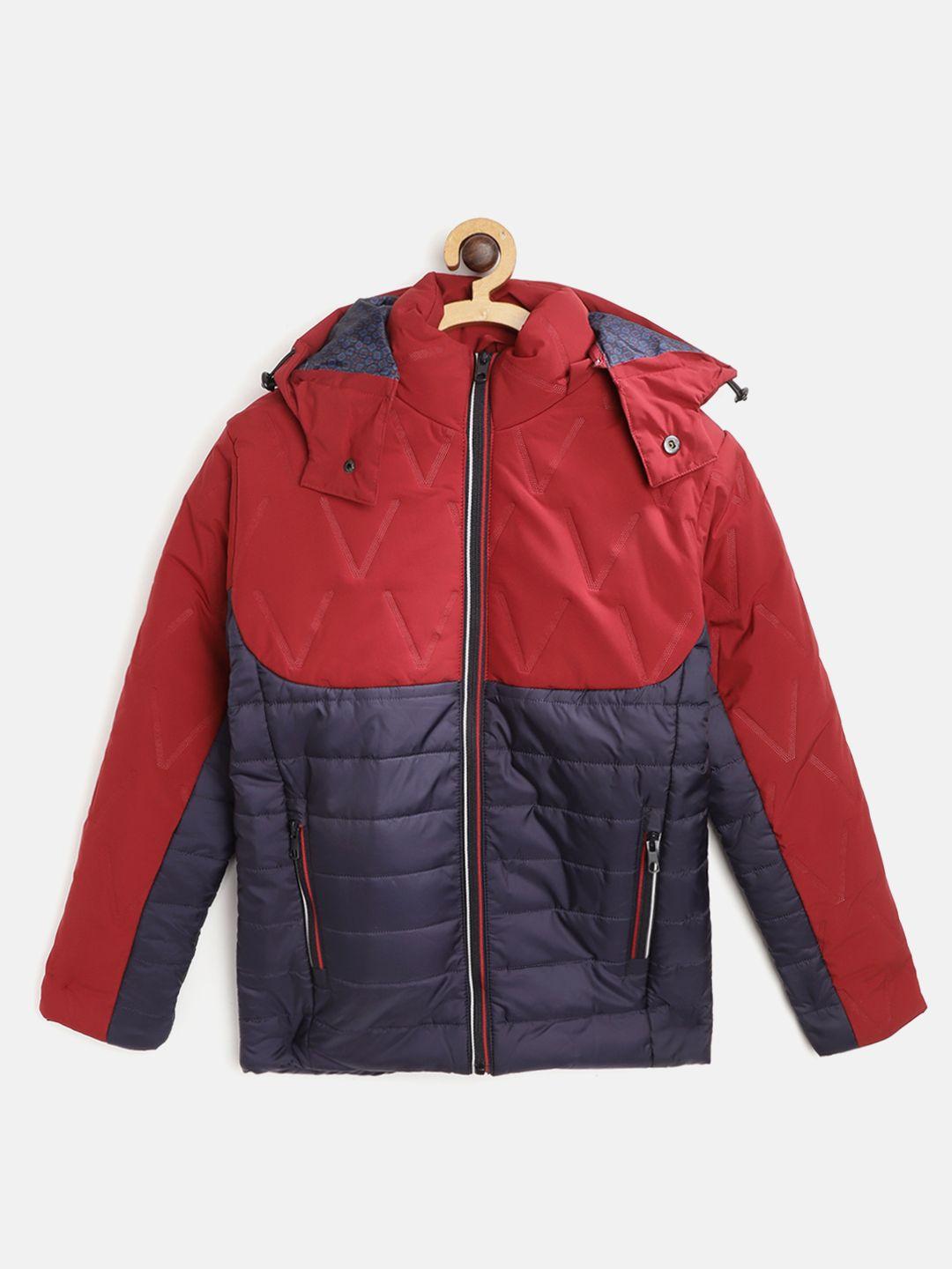 toothless boys navy blue & maroon colourblocked hooded lightweight padded jacket