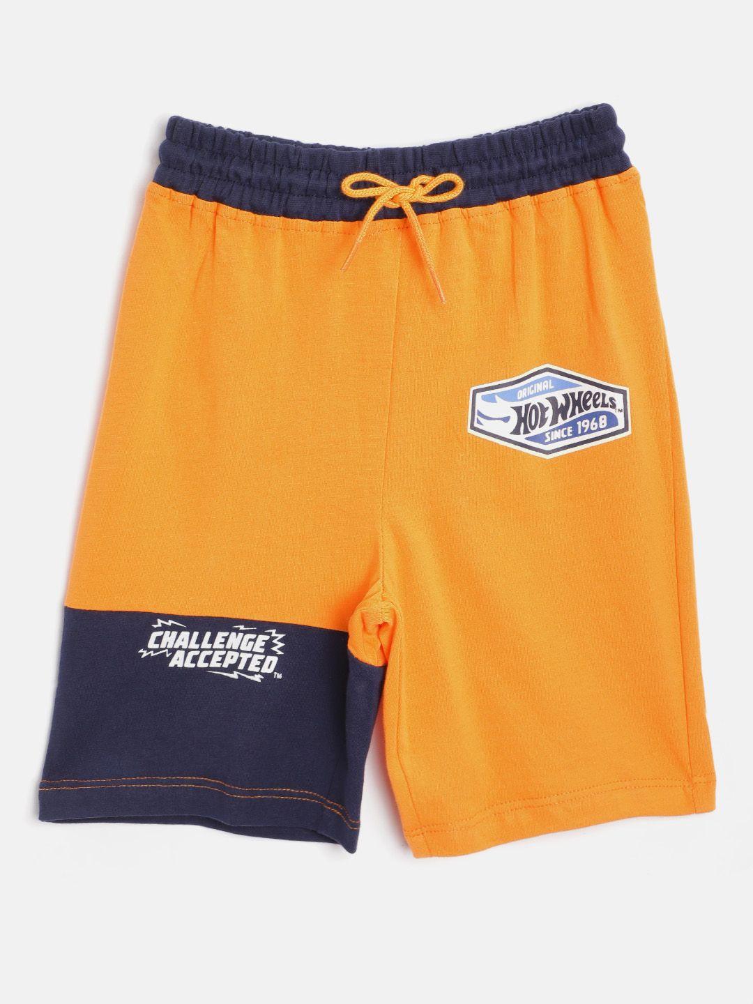 toothless boys orange & navy blue colourblocked & hot wheels print pure cotton shorts