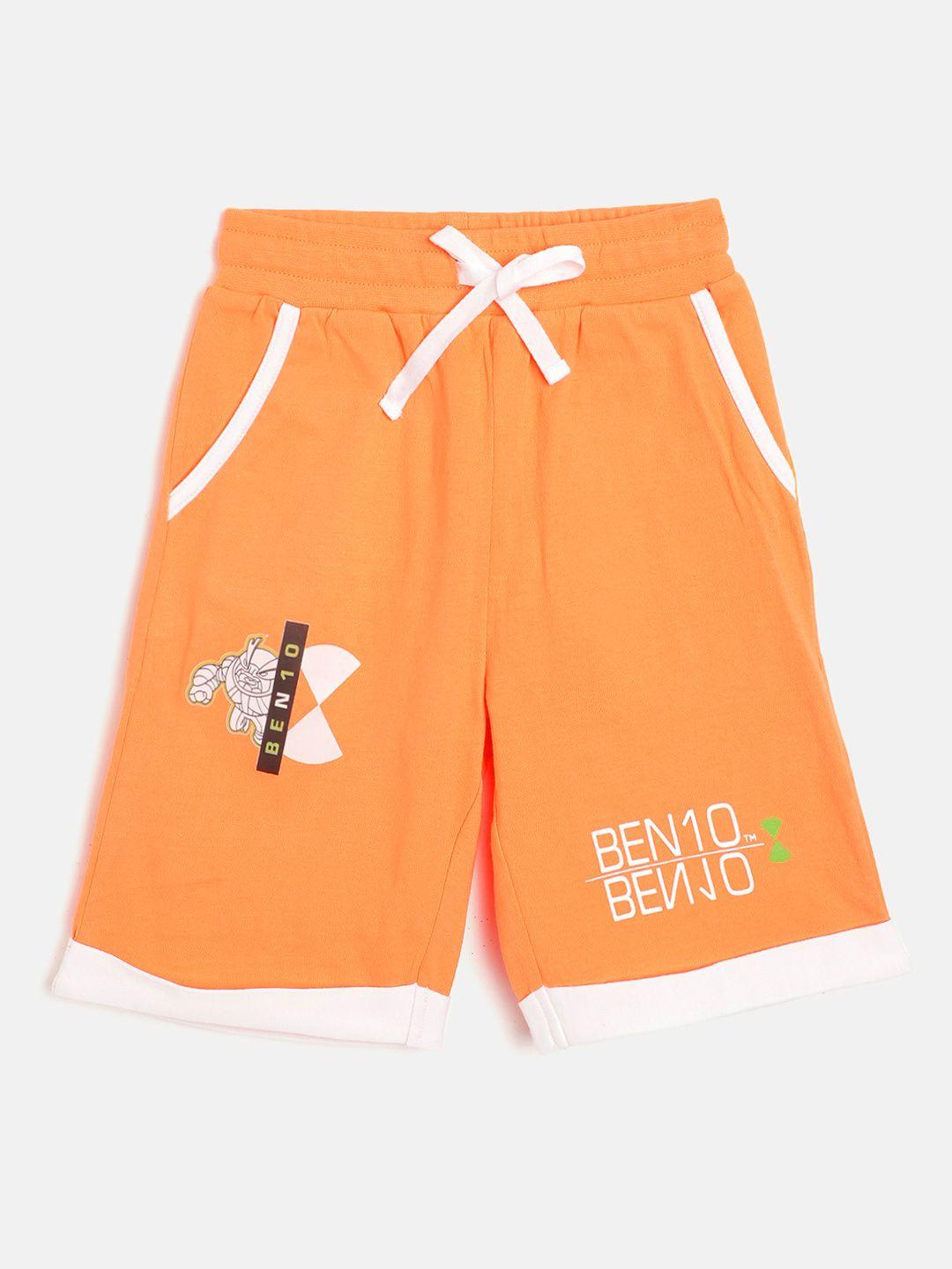 toothless boys orange & white pure cotton ben 10 print detail regular fit shorts