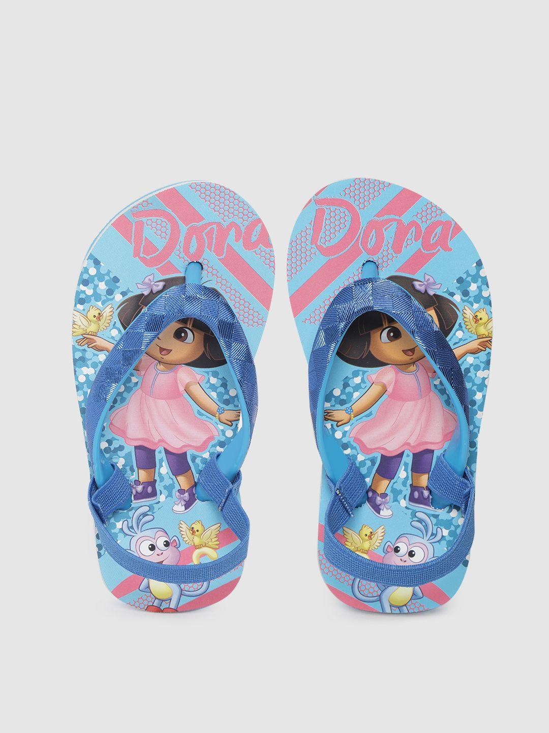 toothless girls blue & pink dora printed thong flip-flops