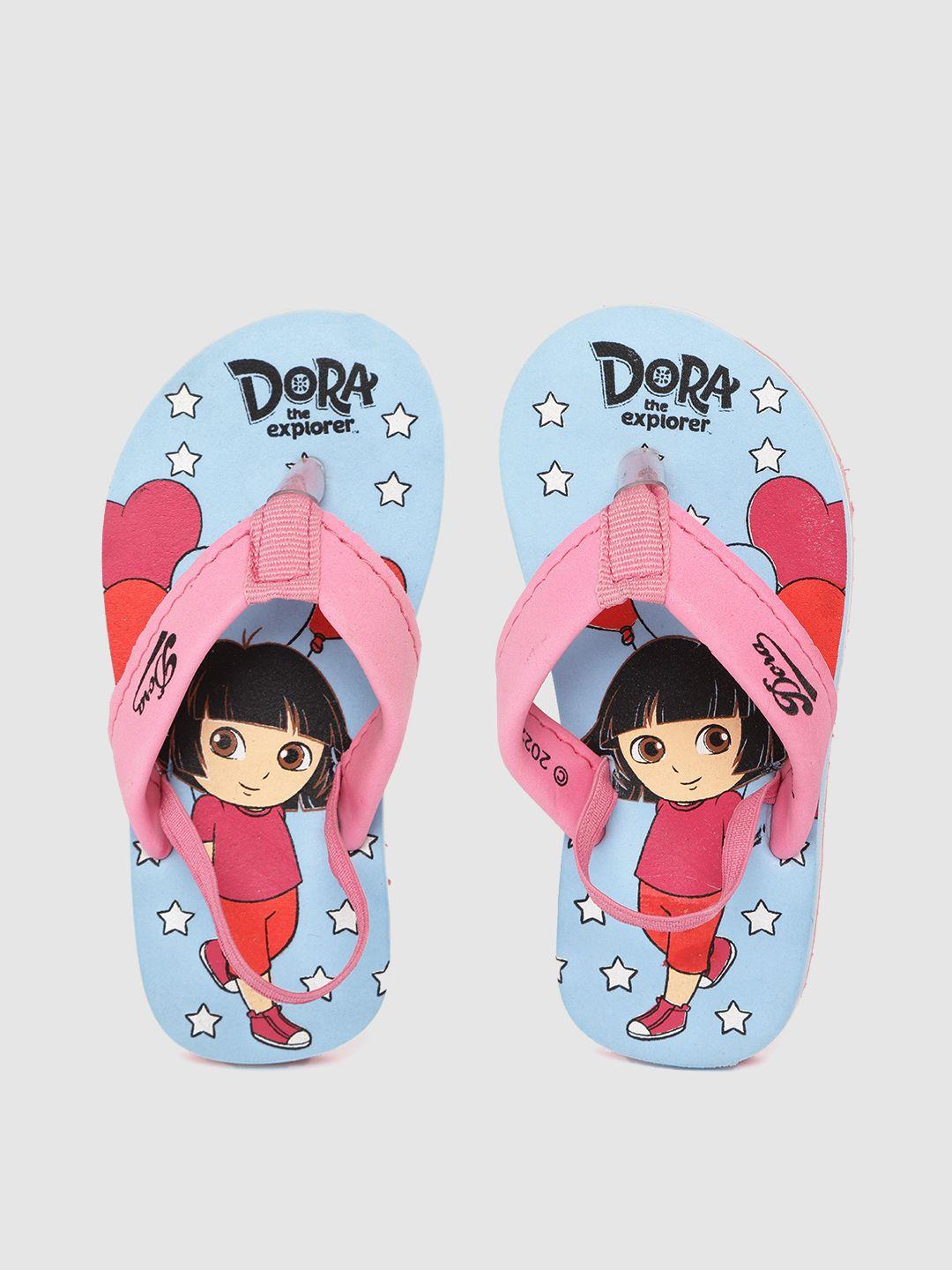 toothless girls blue & pink dora printed thong flip-flops