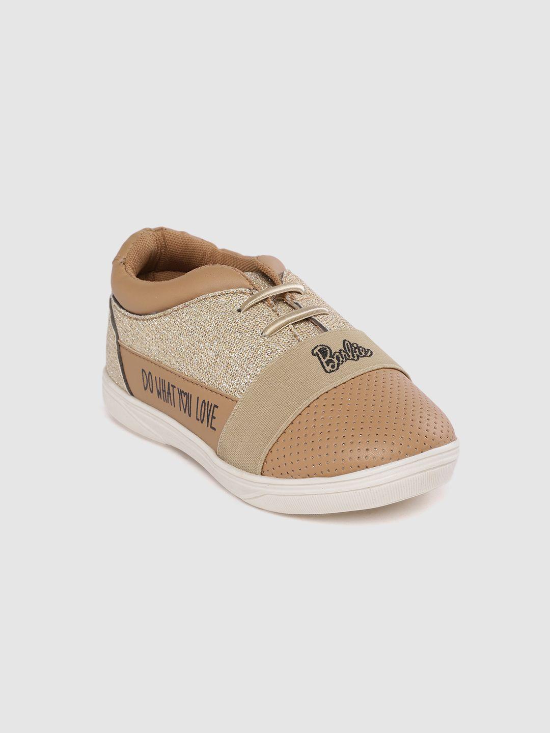 toothless girls gold-toned & beige colourblocked slip-on sneakers with barbie print detail