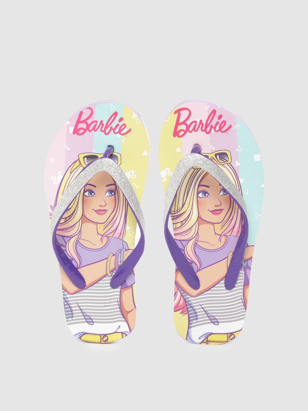 toothless girls silver-toned & purple barbie print heeled thong flip-flops