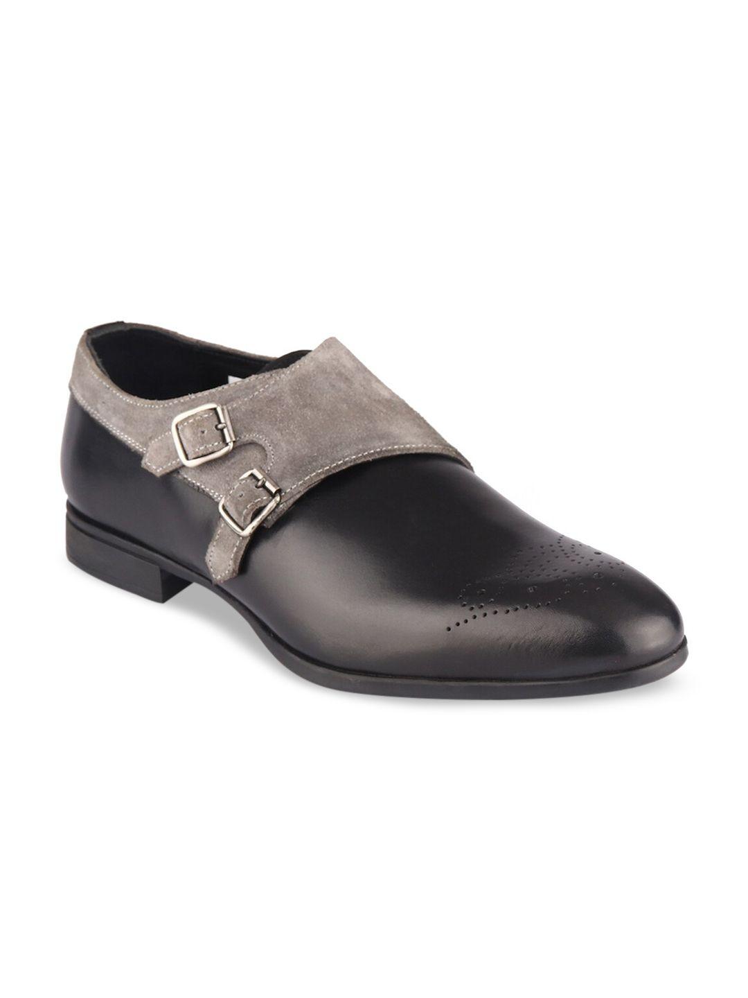 top brass men black textured leather monk formal shoes