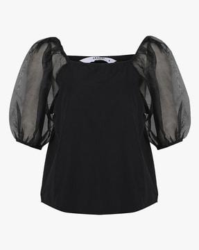 top with sheer puff sleeves