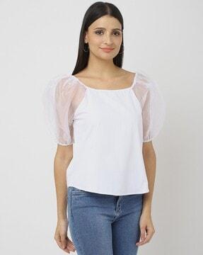 top with sheer puff sleeves