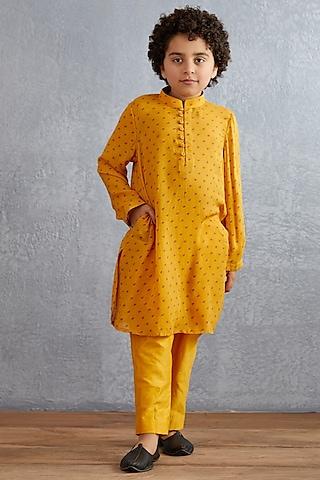 topaz yellow cotton silk kurta set for boys