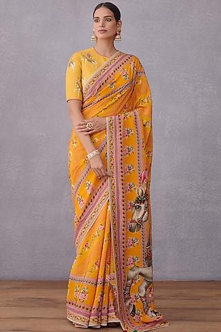 topaz yellow embroidered saree