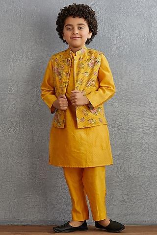 topaz yellow kurta set with floral printed bandi jacket