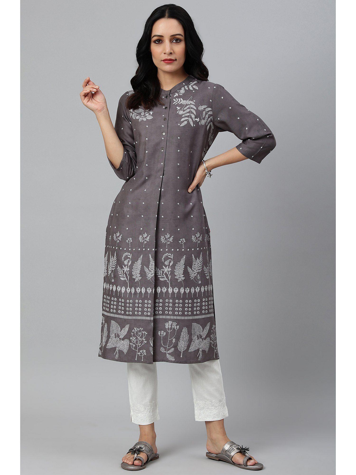 tornado grey embroidered kurta in half placket