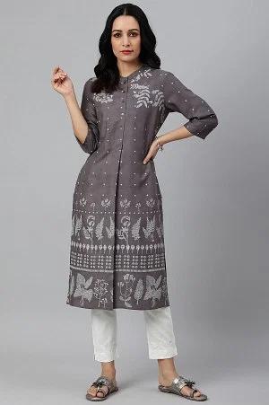 tornado grey printed kurta in half placket