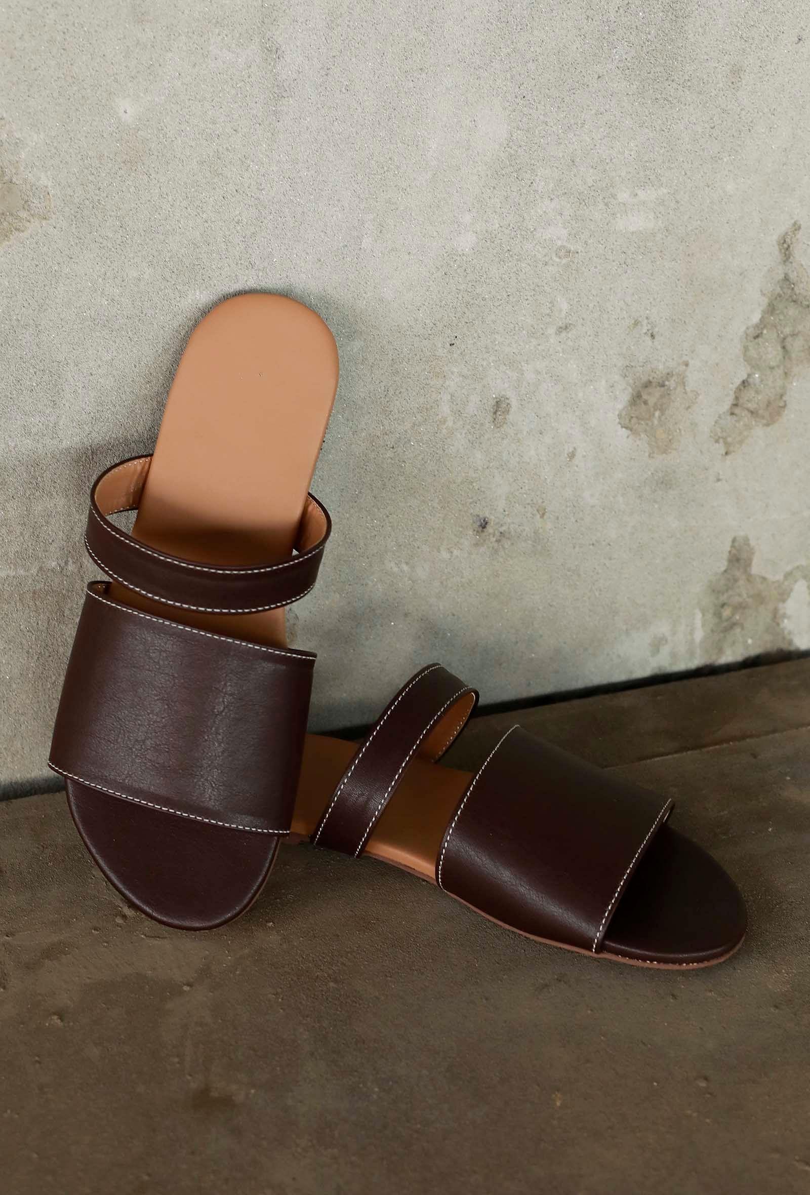 tortilla brown cruelty free leather sliders