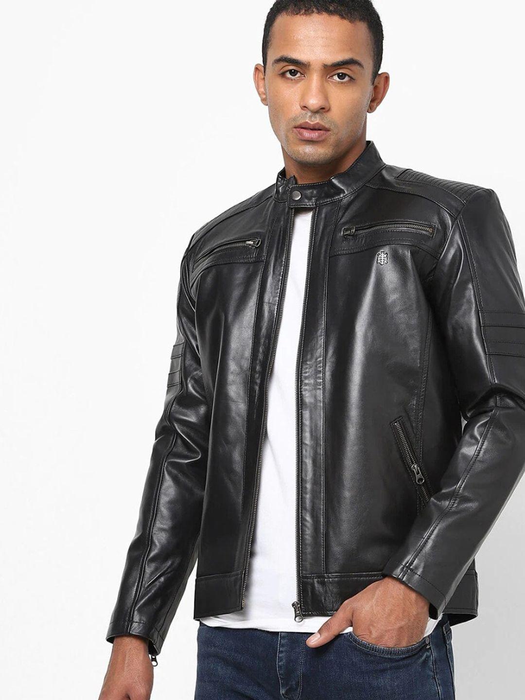 tortoise men black solid leather biker jacket