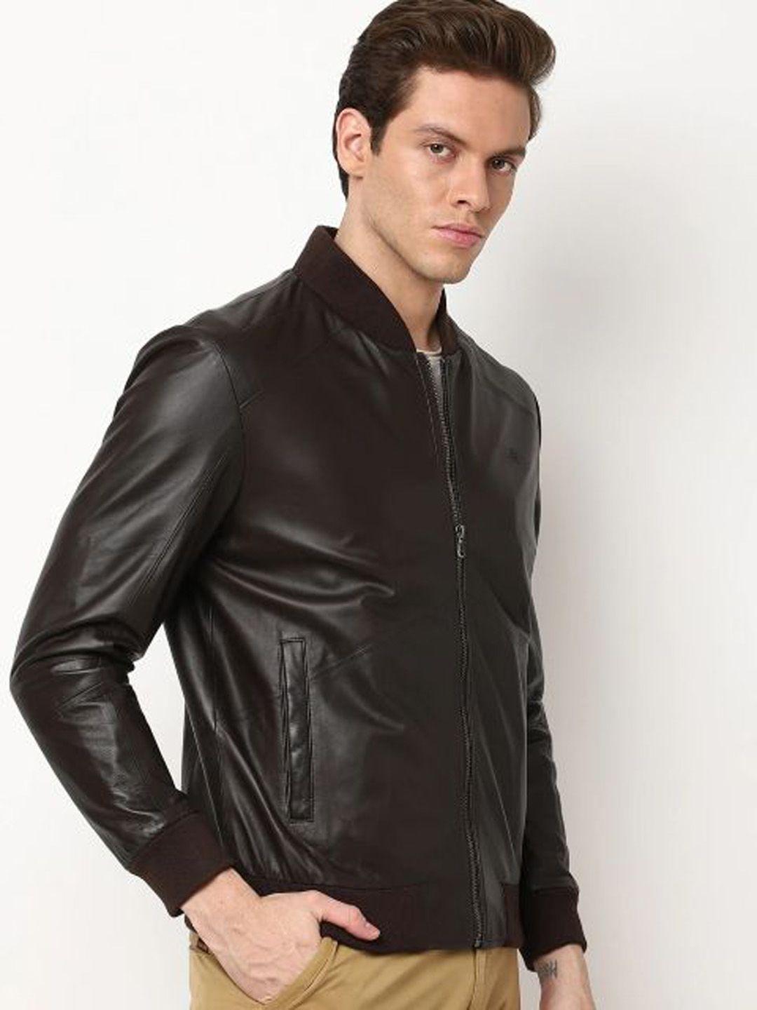 tortoise leather lightweight bomber jacket