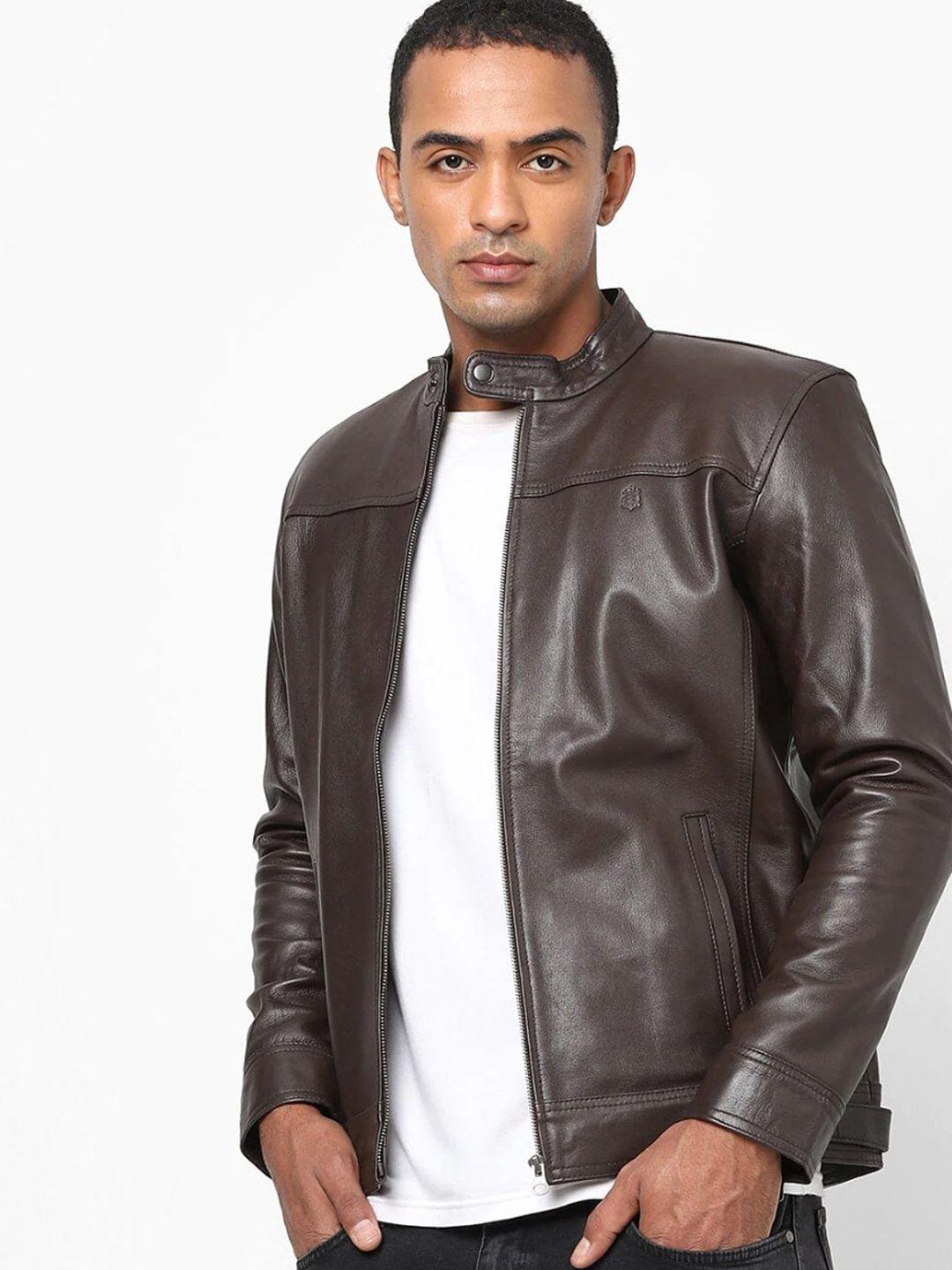 tortoise men brown leather biker jacket