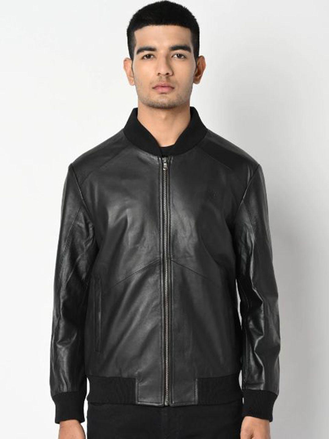 tortoise mock collar lightweight leather jacket