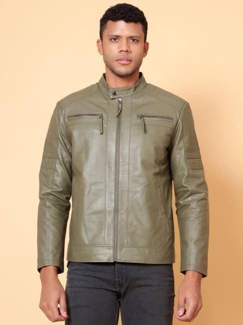 tortoise sergio stone grey regular fit leather jacket