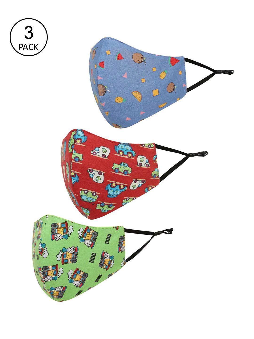 tossido kids pack of 3 red printed pure cotton 3-ply reusable outdoor cotton cloth masks