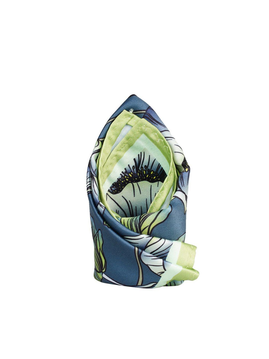 tossido navy blue & green floral printed pocket square