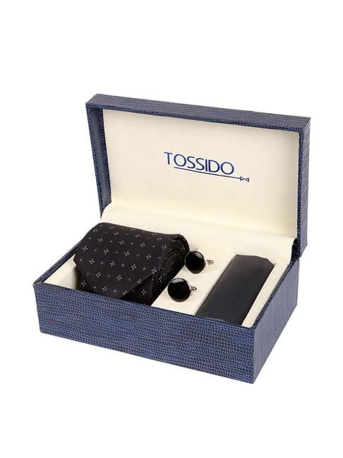 tossido black woven necktie with pocket square and cufflinks