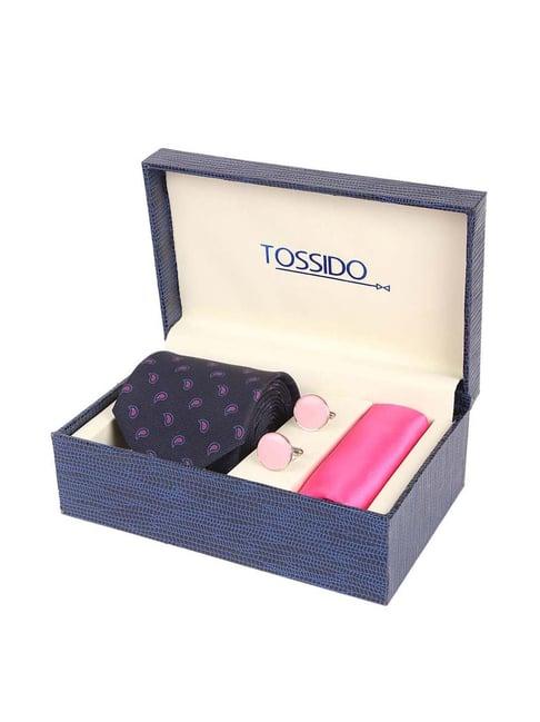 tossido black woven necktie with pocket square and cufflinks