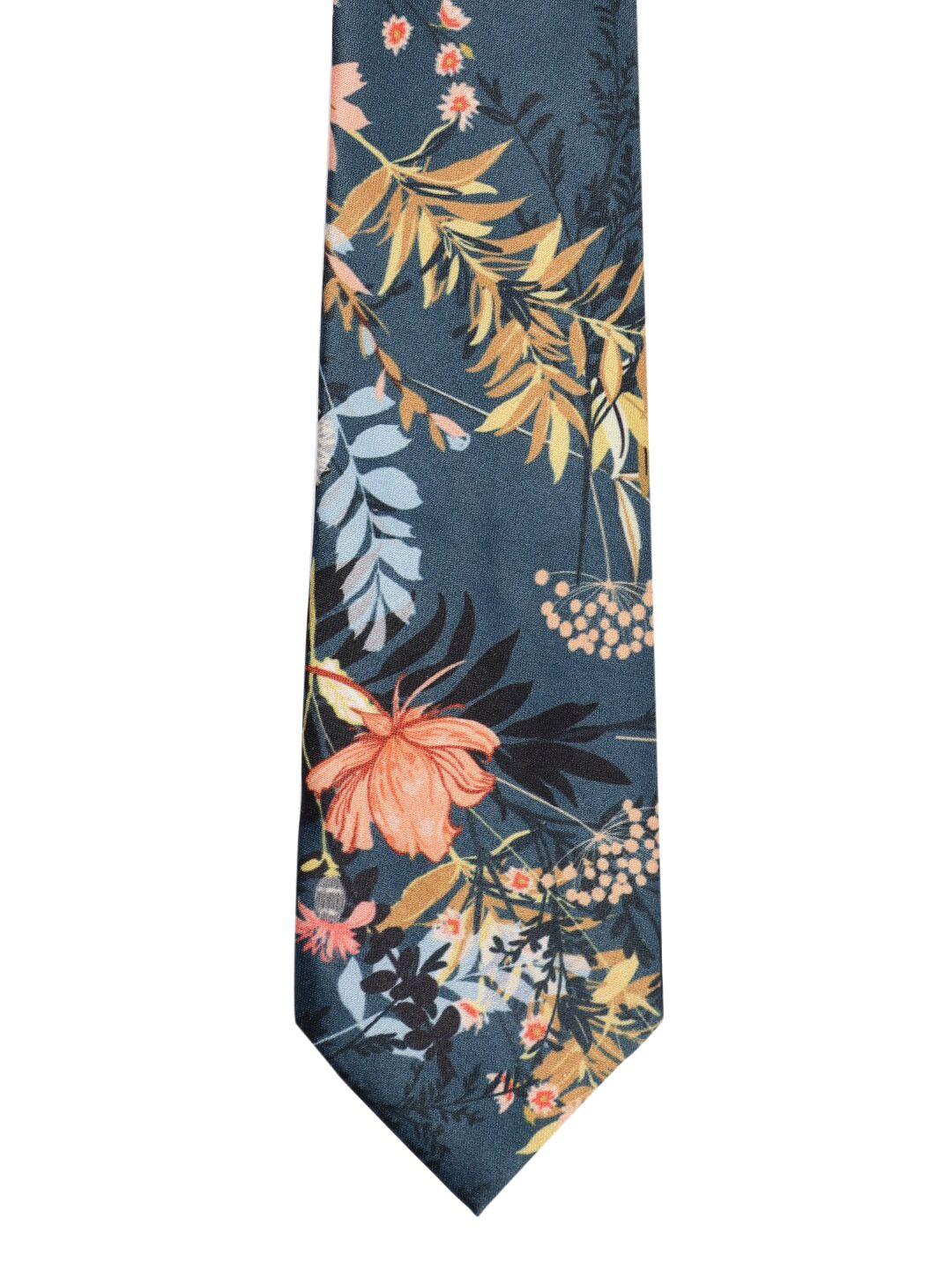 tossido blue & peach-coloured floral printed broad tie