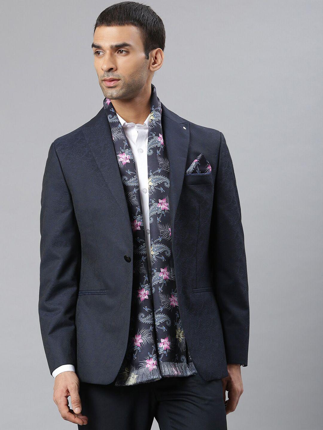 tossido men black & blue printed stole & pocket square set