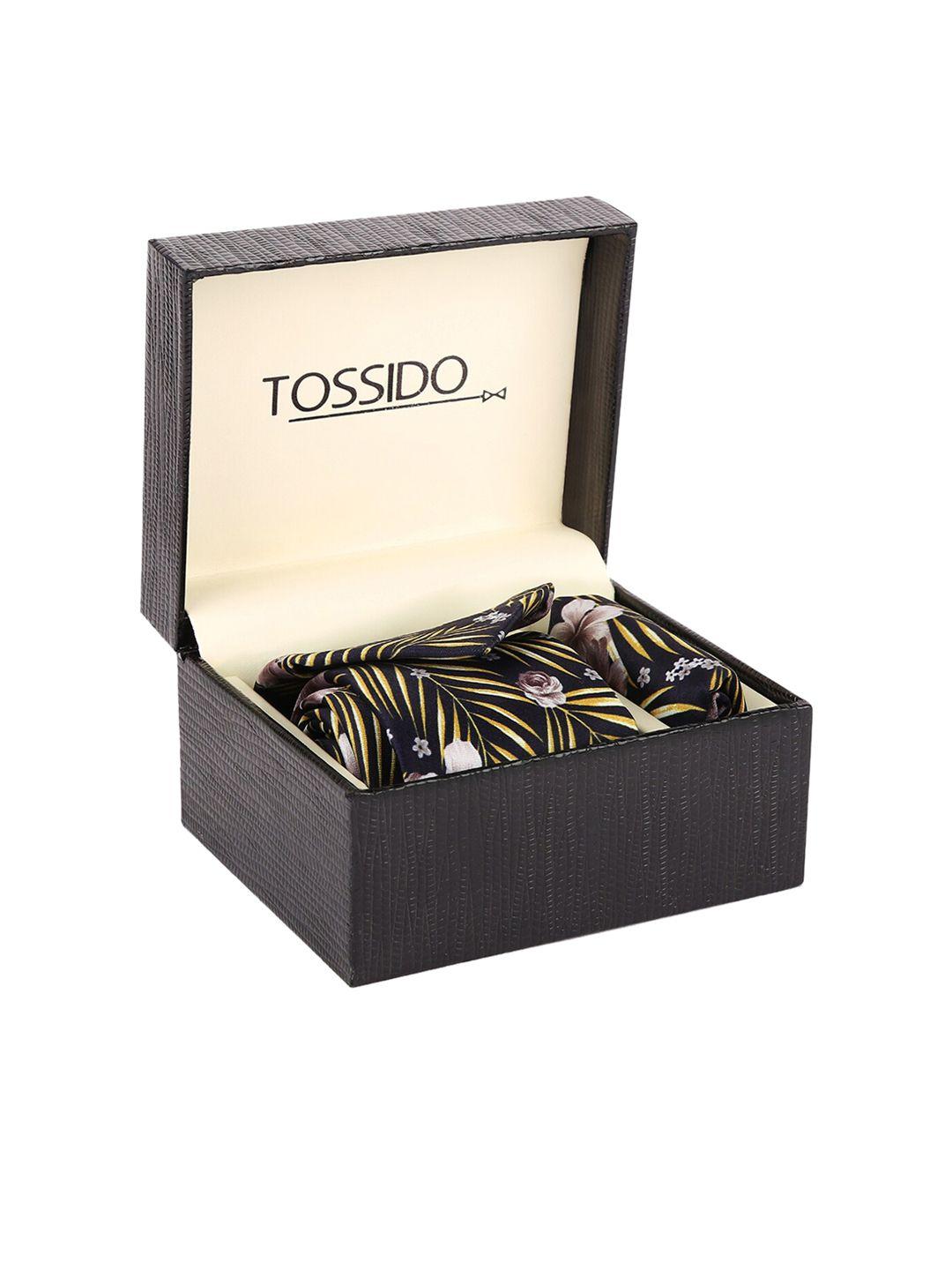 tossido men black & yellow printed accessory gift set