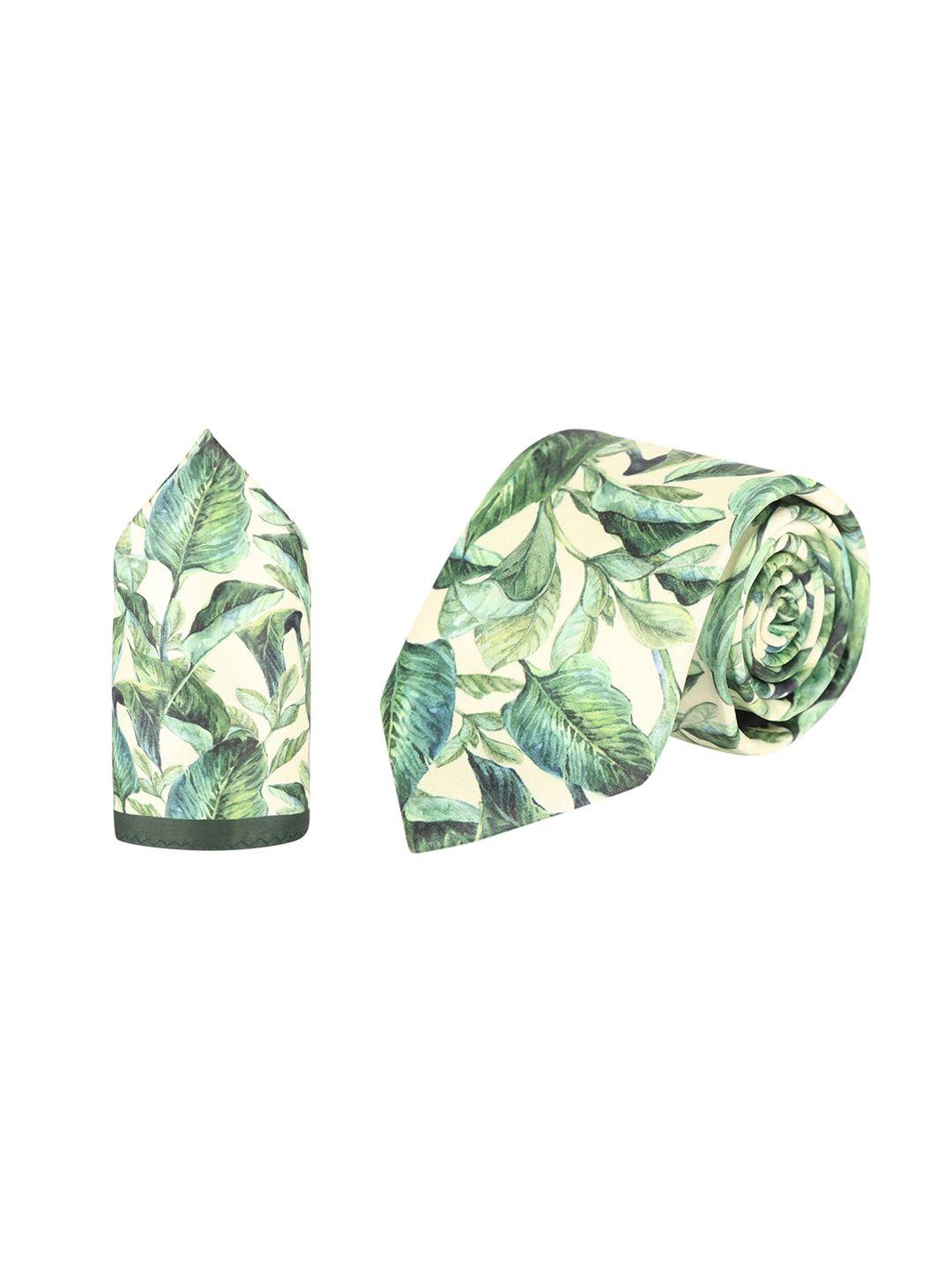 tossido men green & cream-coloured leaf printed microfiber accessory gift set