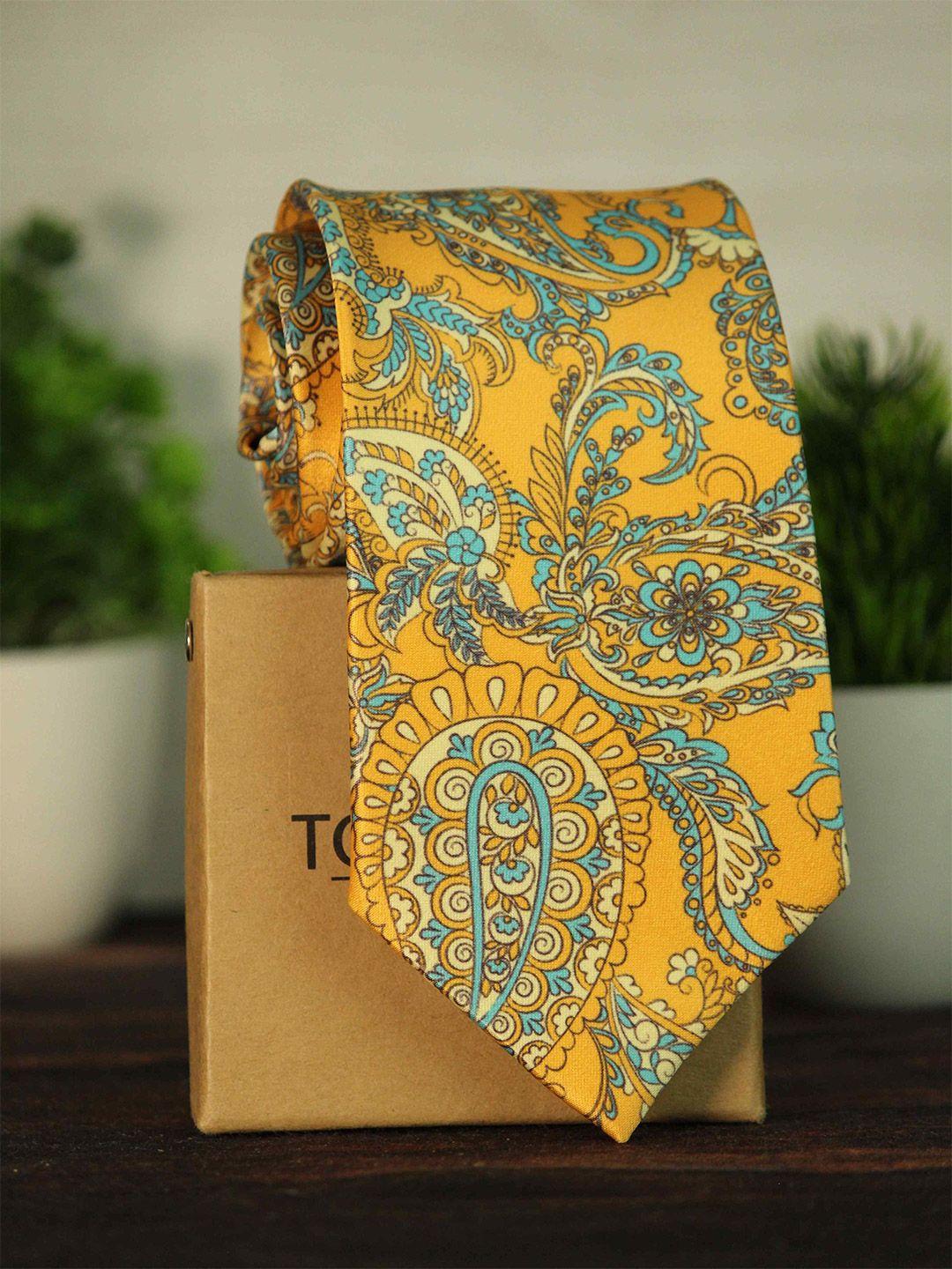 tossido men mustard & green printed broad tie