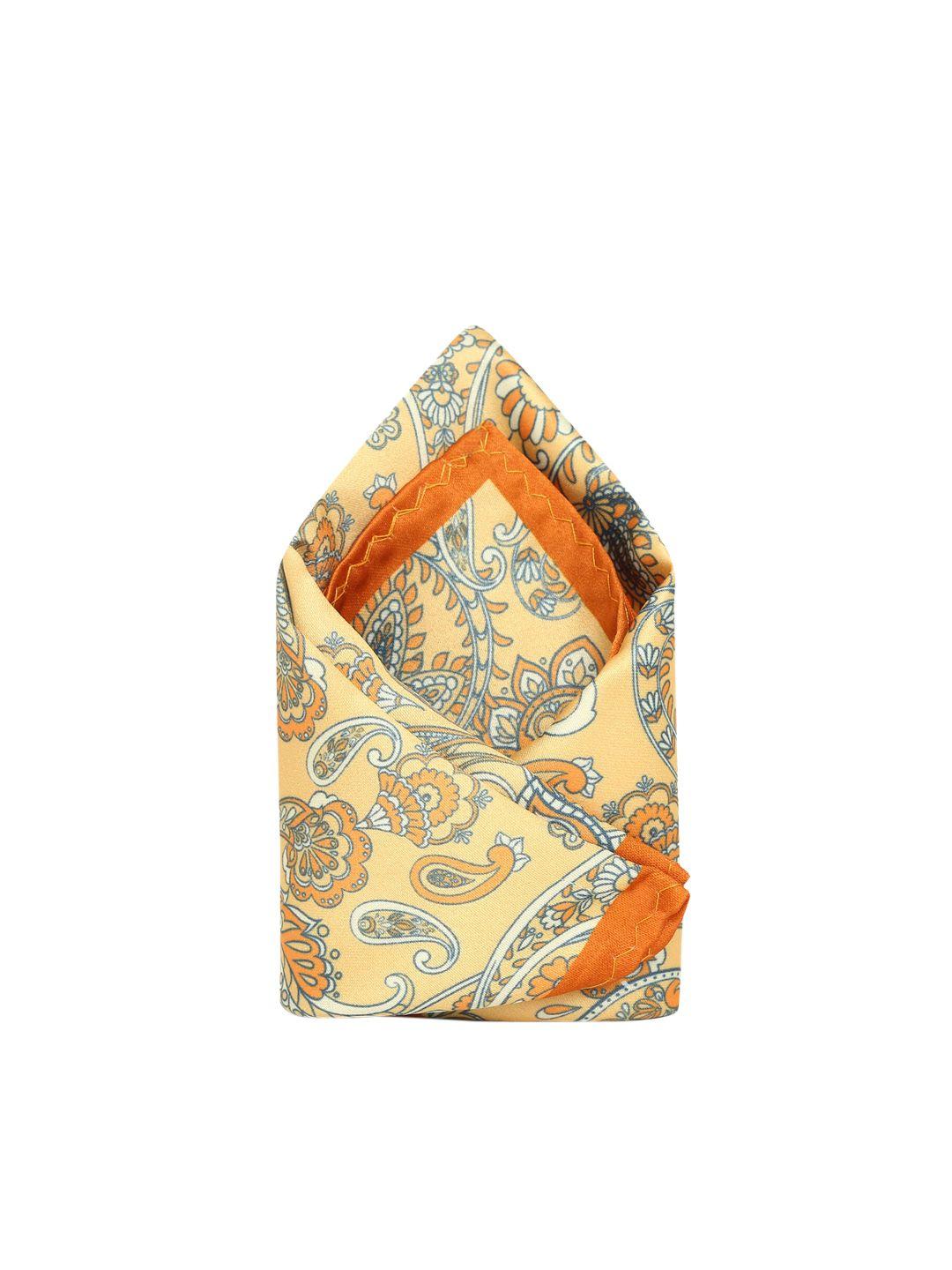 tossido men mustard yellow & orange printed pocket square with a gift box