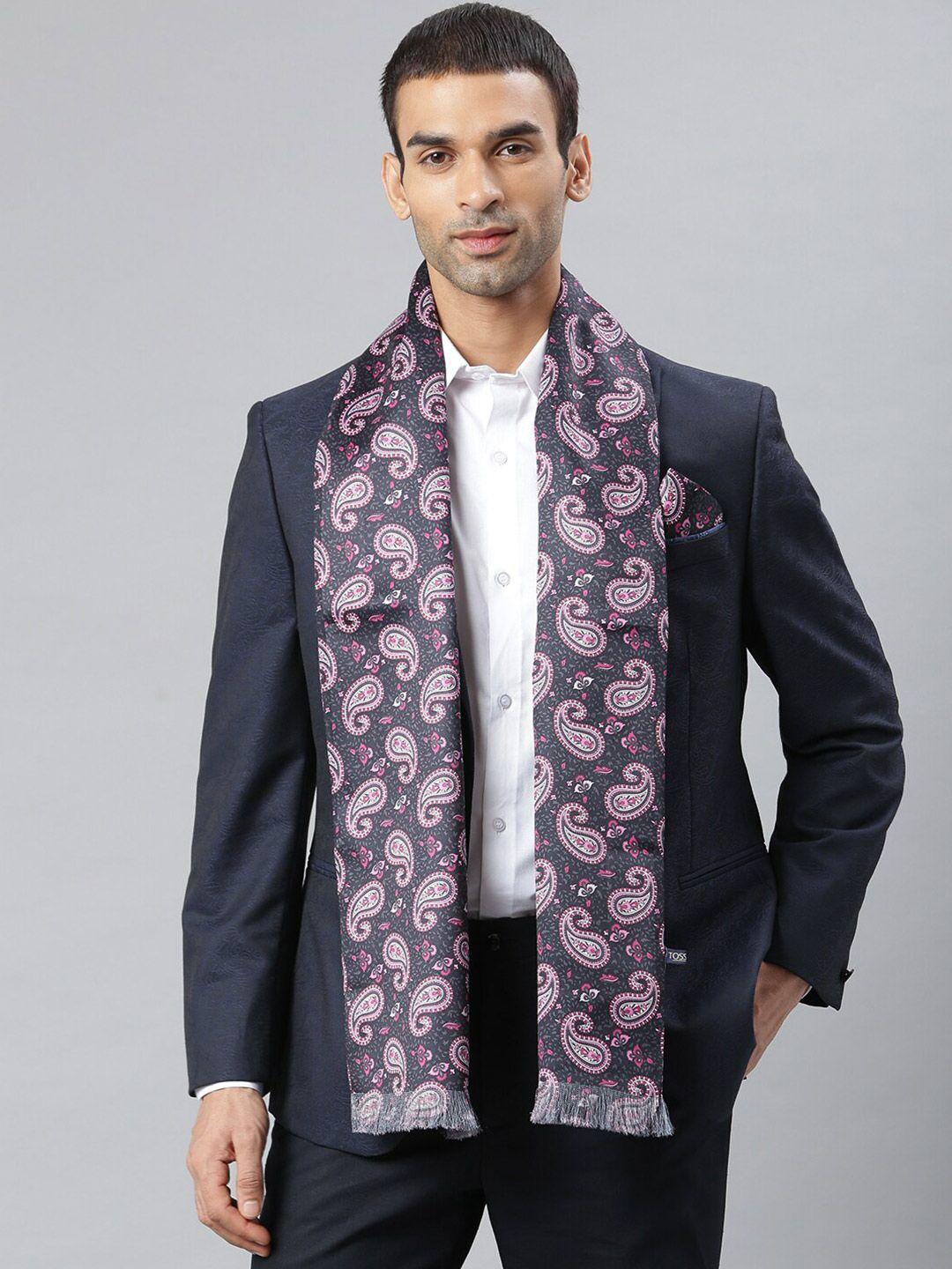 tossido men navy blue & pink printed stole & pocket square set