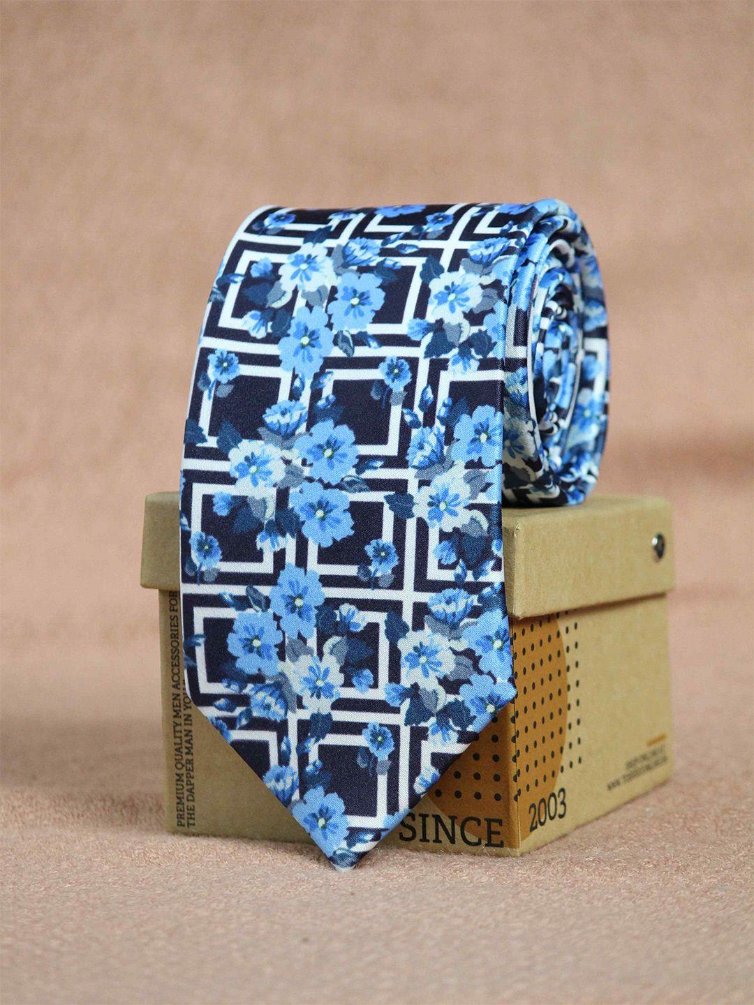 tossido men navy blue & white printed broad tie